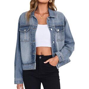 Classic Blue Denim Jacket Casual Chic Look Stylish Cropped Short Denim For Women